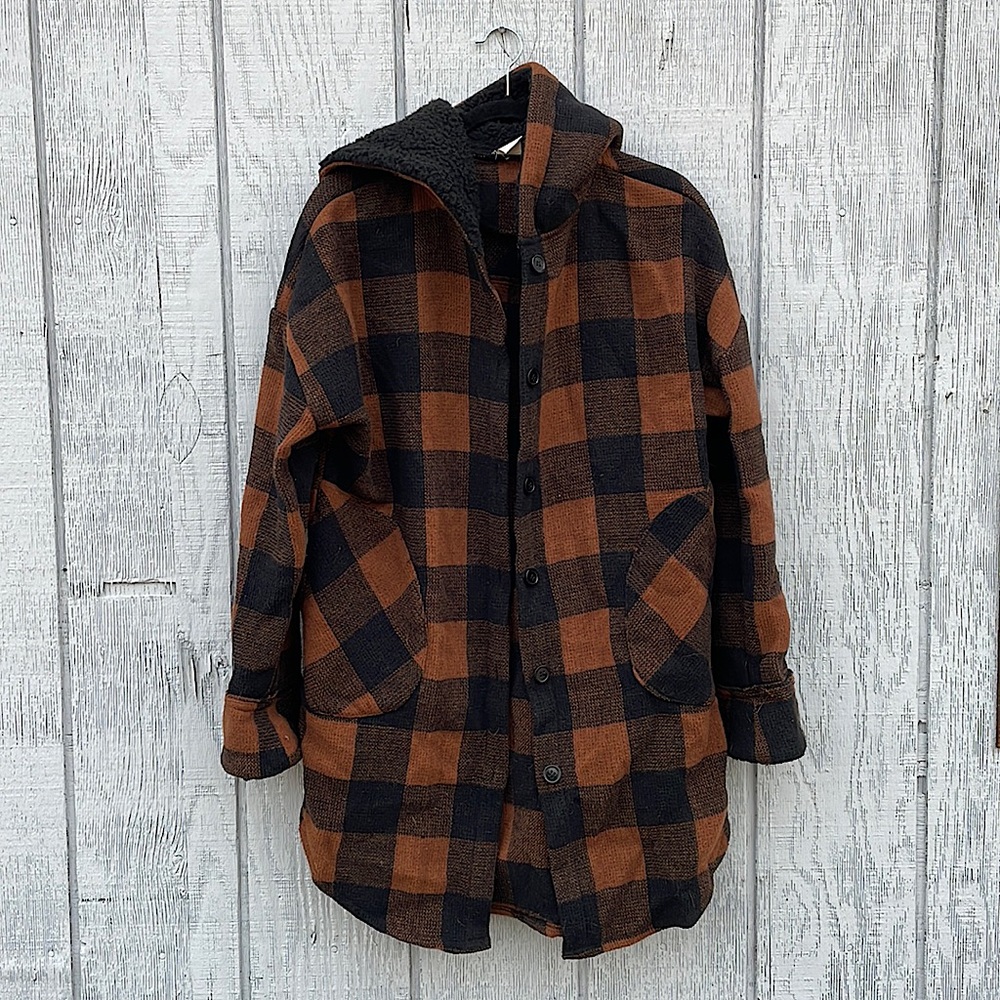 Brown and Black Checkered Shaket with Fleece Lined Hood